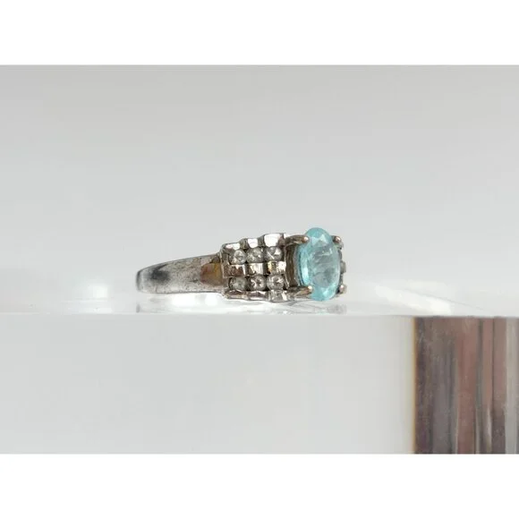 Natural Aquamarine Geoemtric 925 Sterling Silver Vintage Ring - sz 7.25 - Picture 3 of 16